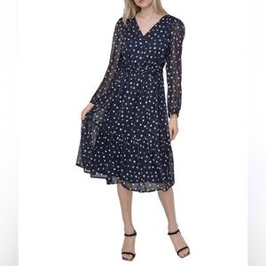 DKNY wrap midi length dress size 6 navy blue with silver, winter dress